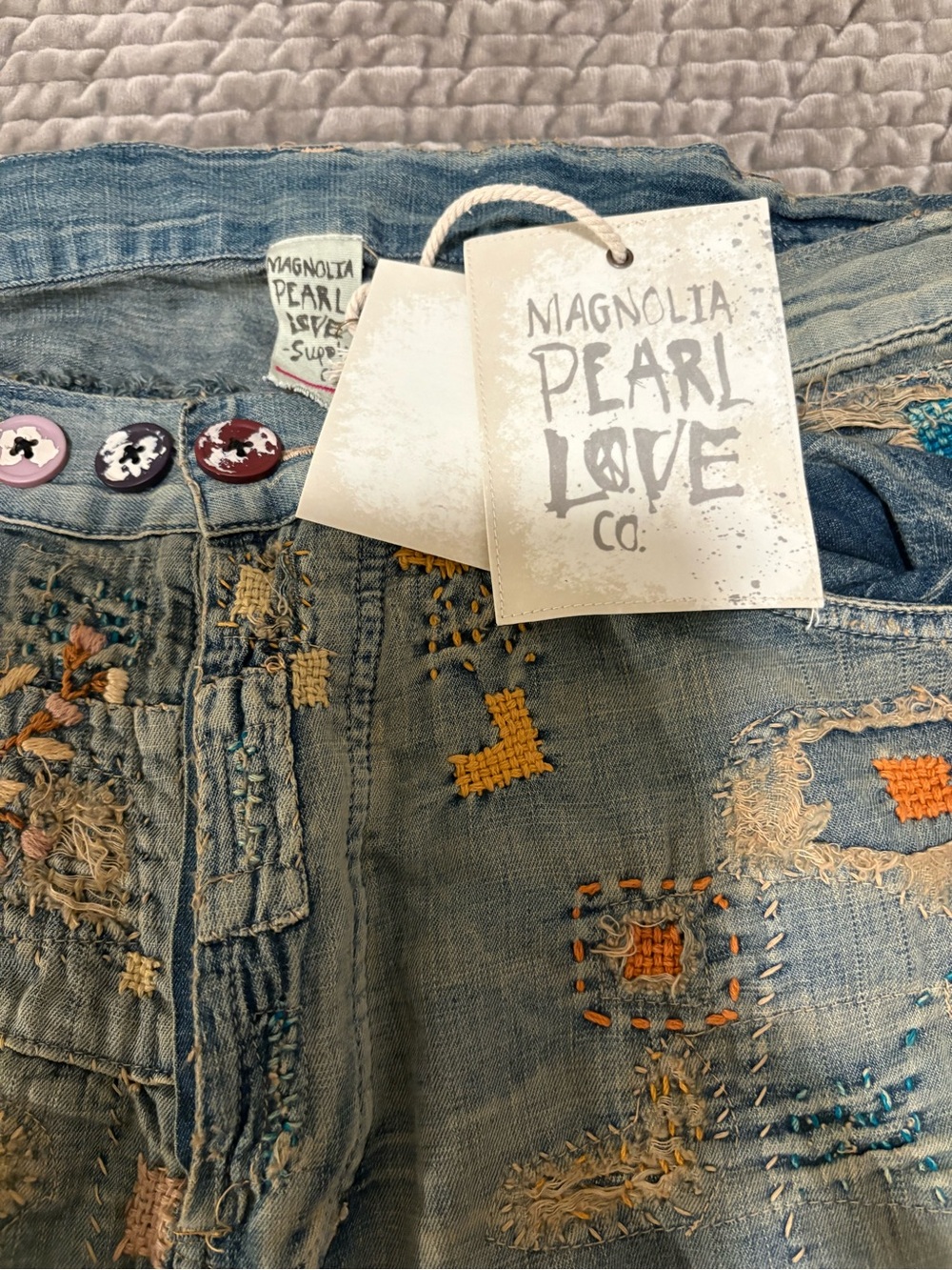 Magnolia Pearl Embroidered Patchwork Blue Jeans with Pink & Cream Florals - Picture 2 of 16
